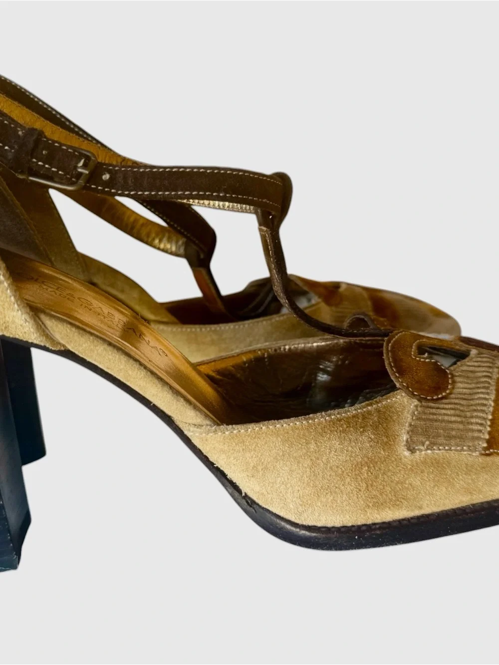 Vintage 90’s Dolce & Gabbana Suede/ Cord T-Strap Butterfly Block Heel Pumps 38.5